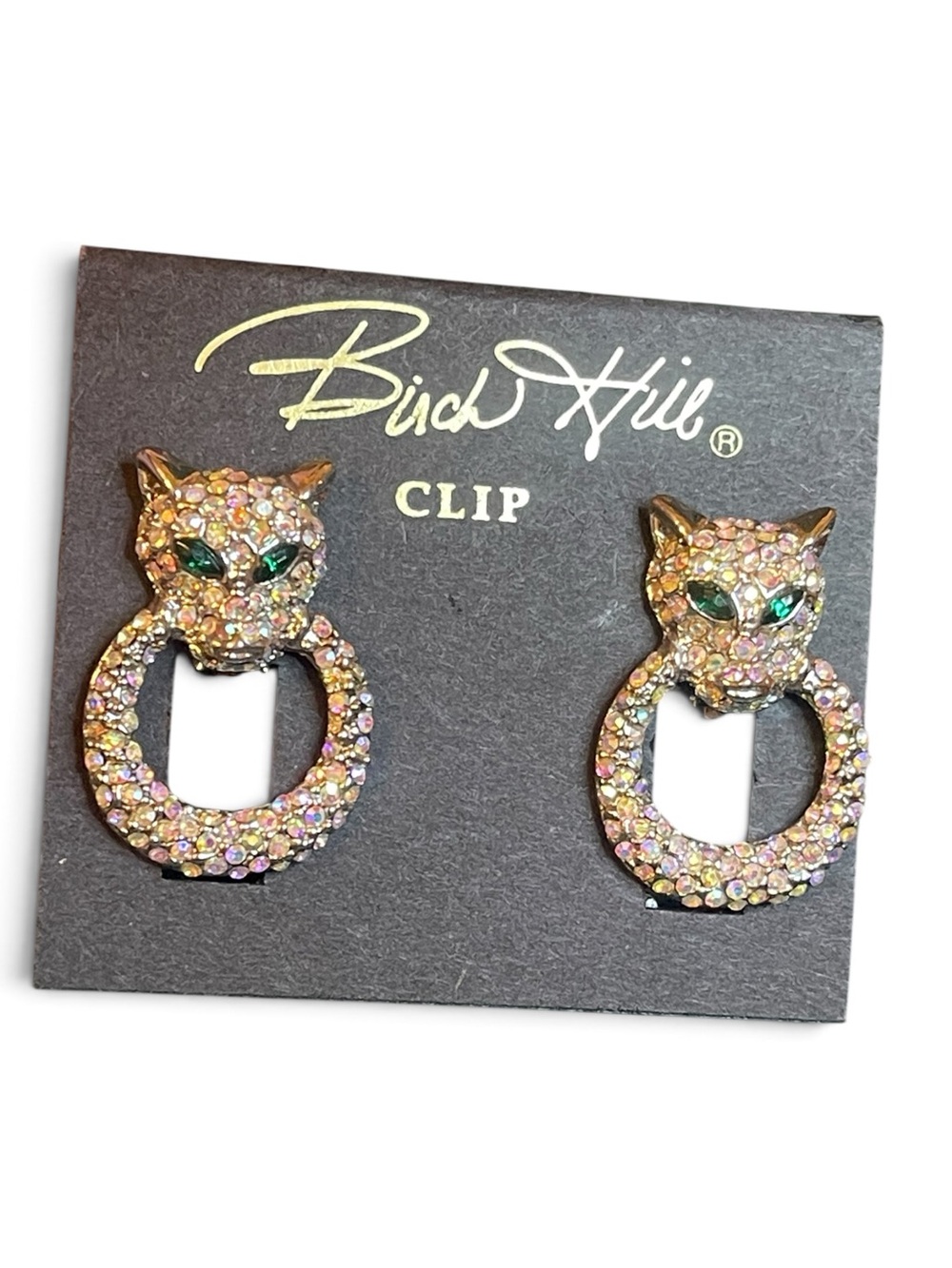 1980’s Birch Hill AB Rhinestone Panther Door Knocker-Style Clip On Earrings NWT